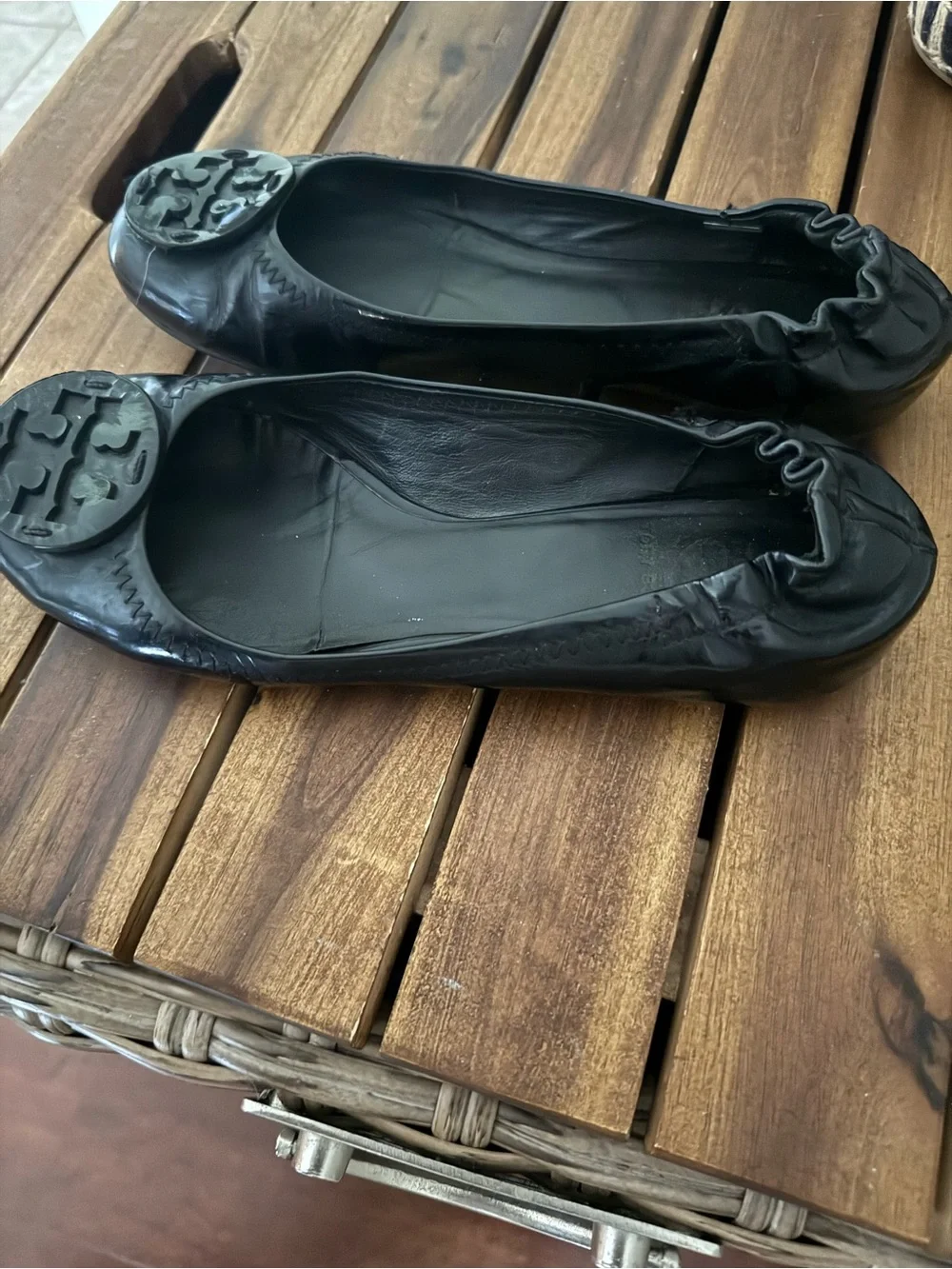 Tory Burch Minnie Travel Black Leather Ballet Flats Metal Logo Sz 6